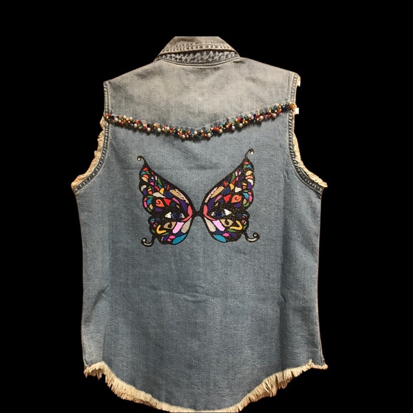 One of a Kind Butterfly Mask Sleeveless Denim Shirt - Picture 2 of 7